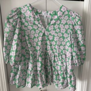 TCEC Green & Light Pink Floral V-Neck Blouse